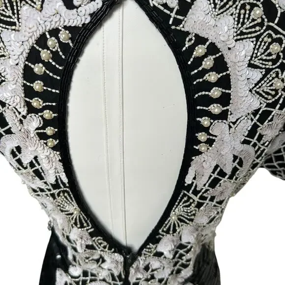 Vintage 80s Beaded Sequined Party Cocktail Mini Dress Carina Black White M Glam